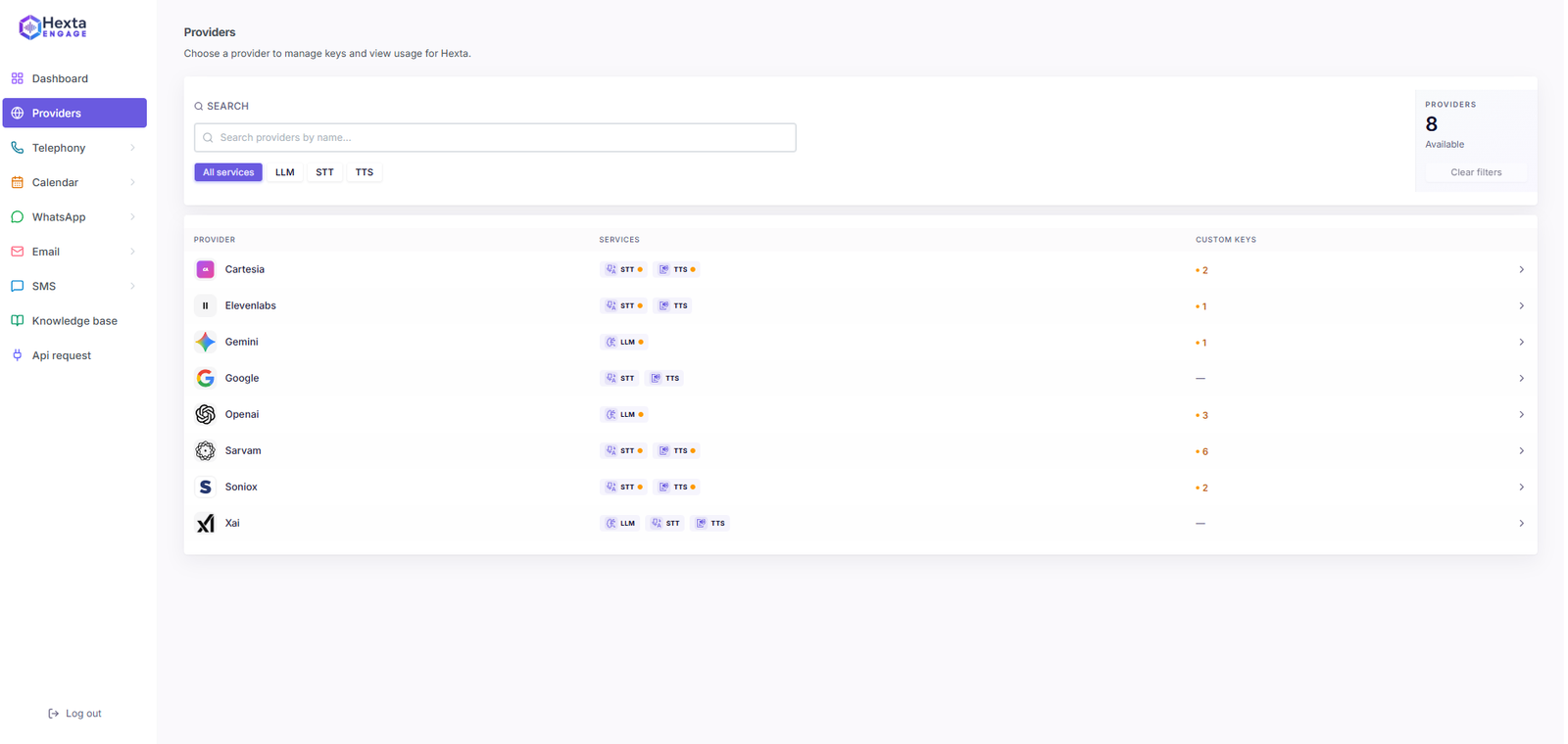 Hexta Engage providers screen